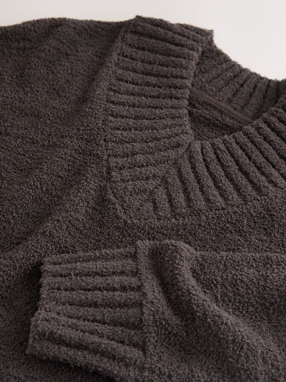 Chocolate Brown Cosy V-Neck Long Sleeve Teddy Bear Jumper