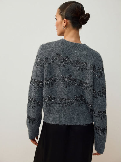 Charcoal Grey Sparkle Tinsel Bow  Christmas Jumper