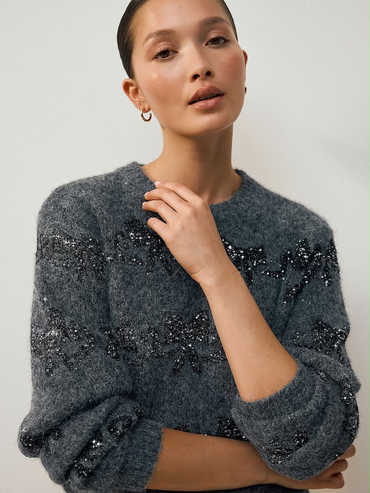 Charcoal Grey Sparkle Tinsel Bow  Christmas Jumper