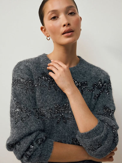 Charcoal Grey Sparkle Tinsel Bow  Christmas Jumper