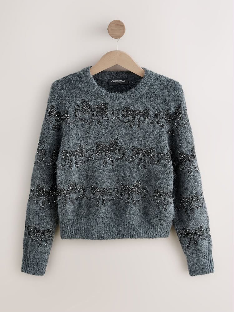 Charcoal Grey Sparkle Tinsel Bow  Christmas Jumper