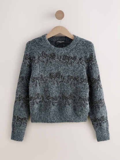 Charcoal Grey Sparkle Tinsel Bow  Christmas Jumper