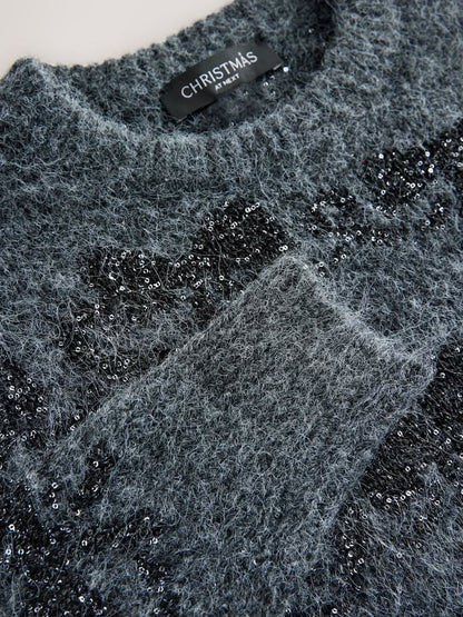 Charcoal Grey Sparkle Tinsel Bow  Christmas Jumper