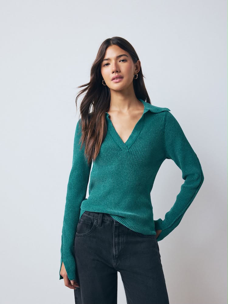 Teal Blue Chenille Ribbed Polo Neck Jumper