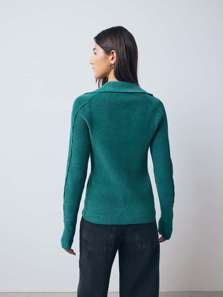 Teal Blue Chenille Ribbed Polo Neck Jumper