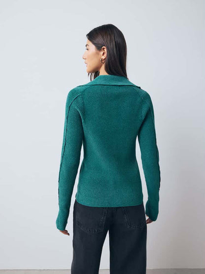 Teal Blue Chenille Ribbed Polo Neck Jumper