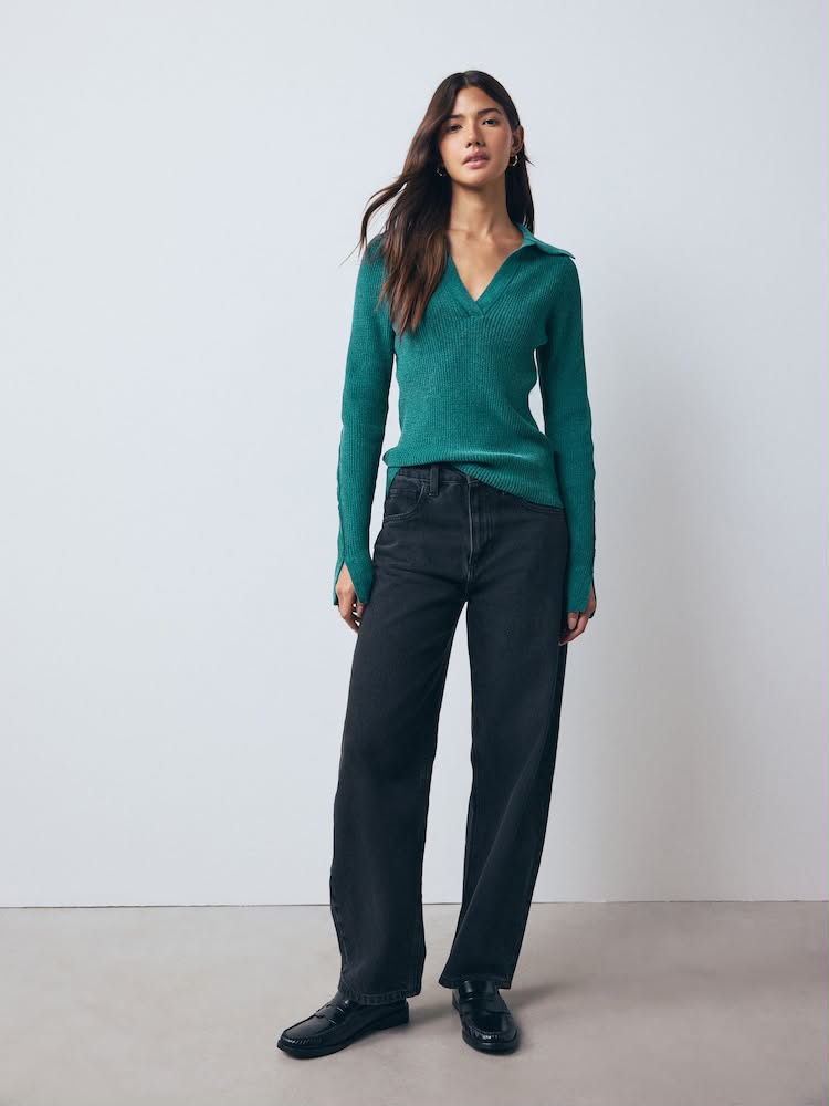 Teal Blue Chenille Ribbed Polo Neck Jumper