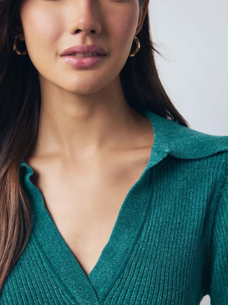 Teal Blue Chenille Ribbed Polo Neck Jumper