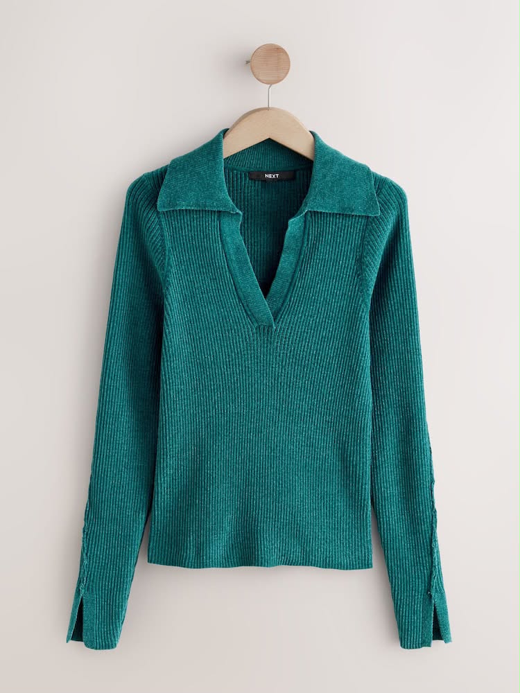 Teal Blue Chenille Ribbed Polo Neck Jumper