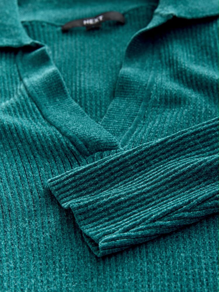 Teal Blue Chenille Ribbed Polo Neck Jumper