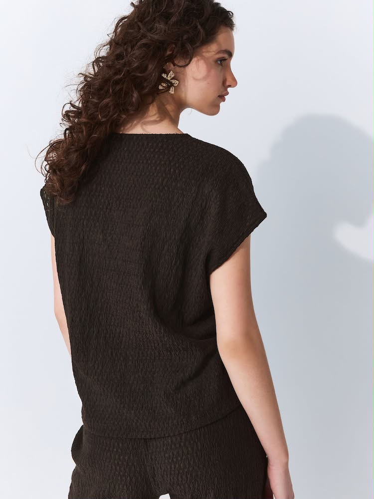 Chocolate Brown Textured Short Sleeve V-Neck T-Shirt