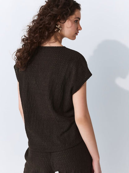 Chocolate Brown Textured Short Sleeve V-Neck T-Shirt