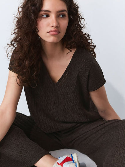 Chocolate Brown Textured Short Sleeve V-Neck T-Shirt