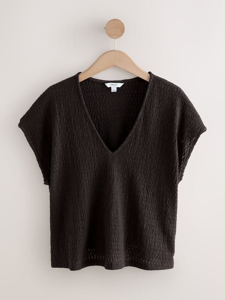 Chocolate Brown Textured Short Sleeve V-Neck T-Shirt