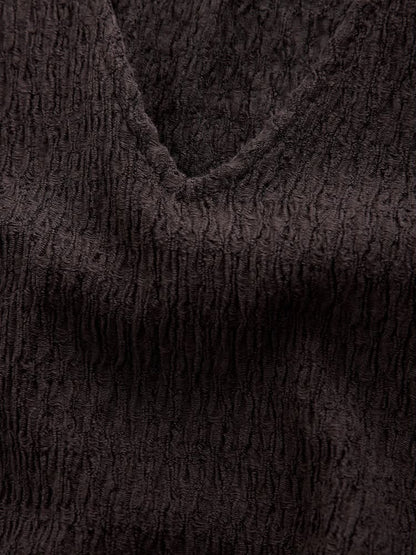 Chocolate Brown Textured Short Sleeve V-Neck T-Shirt