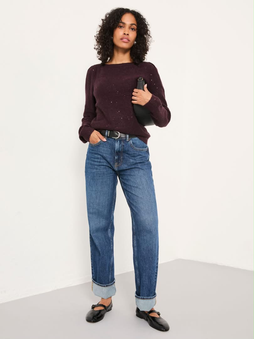 Burgundy Red Sparkle Knitted Boat Neck Jumper
