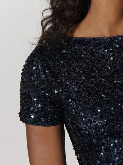 Navy Blue Short Sleeve Slash Neck Sequin T-Shirt