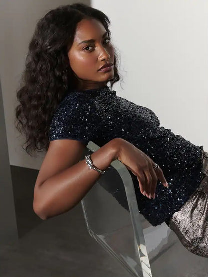 Navy Blue Short Sleeve Slash Neck Sequin T-Shirt