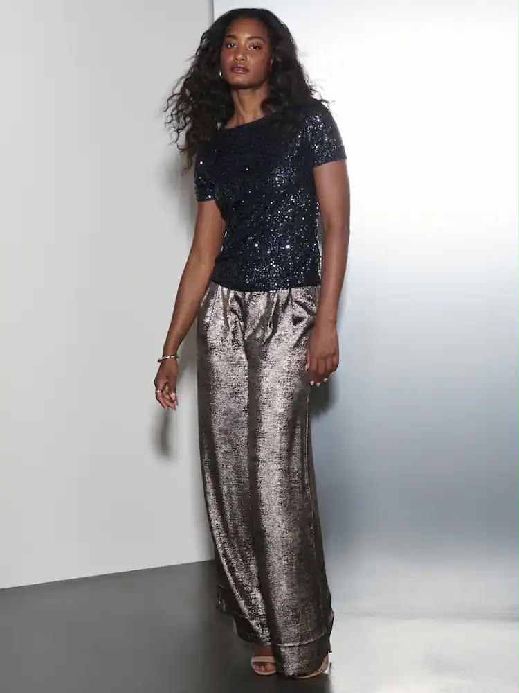 Navy Blue Short Sleeve Slash Neck Sequin T-Shirt