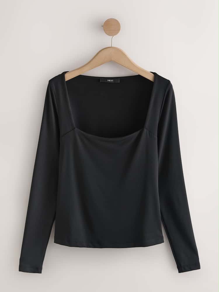 Black Soft Touch Slinky Nylon Square Neck Long-sleeve T-Shirt