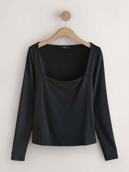 Black Soft Touch Slinky Nylon Square Neck Long-sleeve T-Shirt