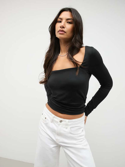 Black Soft Touch Slinky Nylon Square Neck Long-sleeve T-Shirt