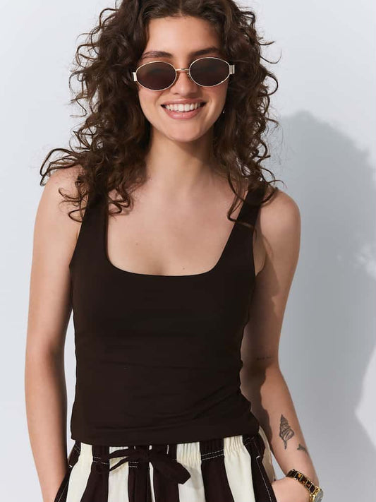 Chocolate Brown Soft Touch Slinky Scoop Neck Vest Top