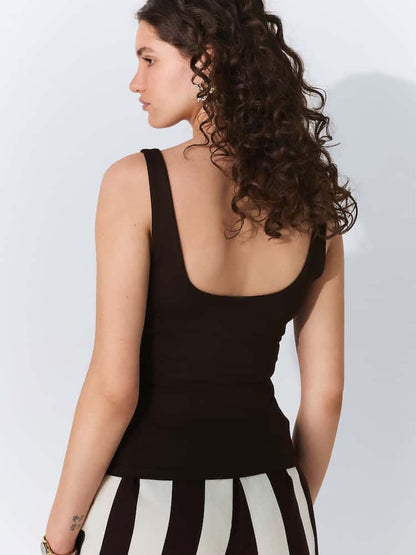 Chocolate Brown Soft Touch Slinky Scoop Neck Vest Top