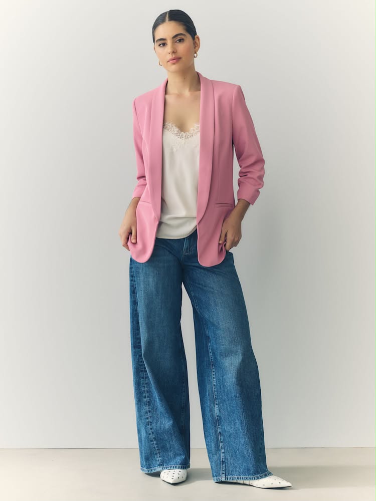 Pink Relaxed Ruched Sleeve Blazer