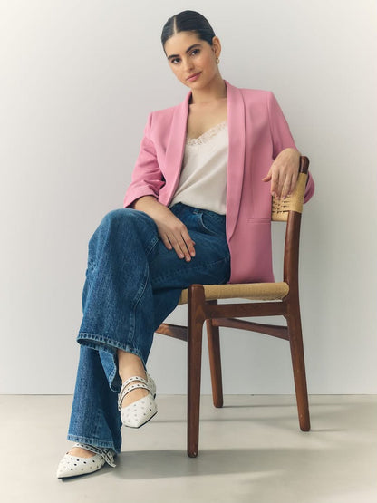 Pink Relaxed Ruched Sleeve Blazer