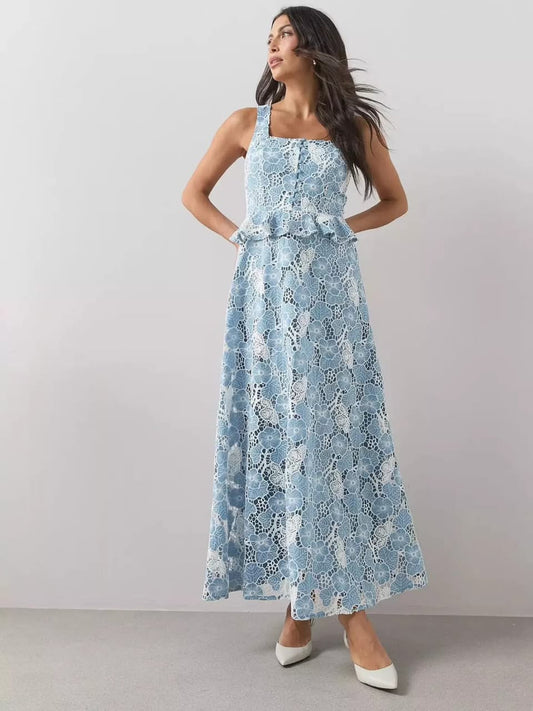 Sleeveless Lace Frill Midaxi Dress Blue