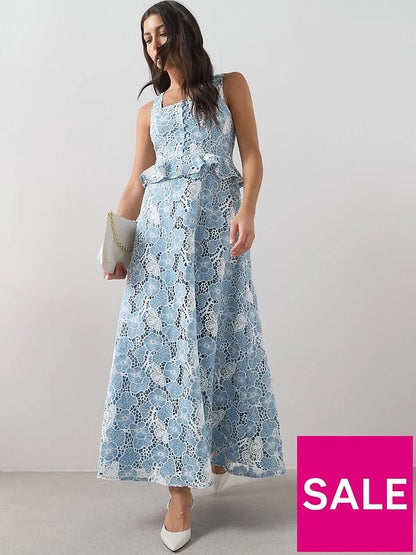 Sleeveless Lace Frill Midaxi Dress Blue