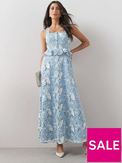 Sleeveless Lace Frill Midaxi Dress Blue