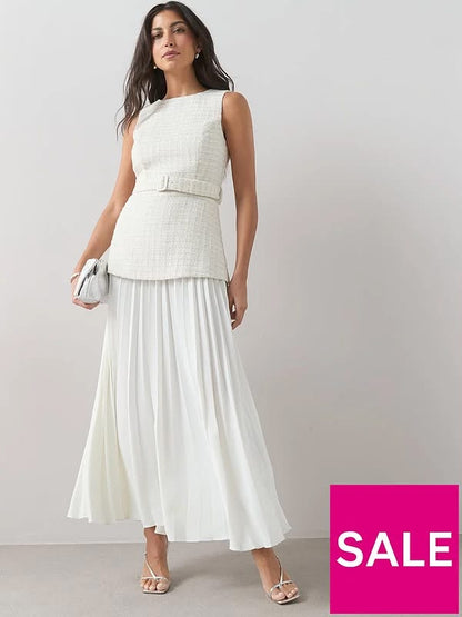 Tweed Overlay Pleated Midaxi Dress White