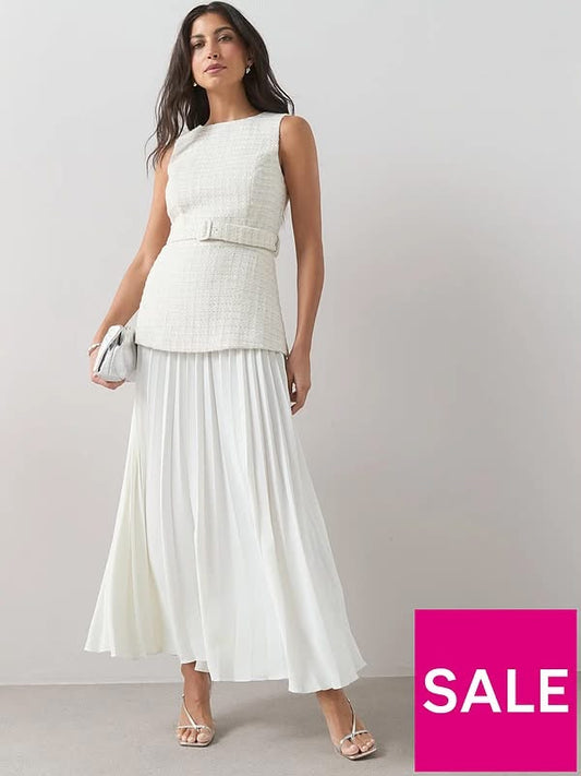 Tweed Overlay Pleated Midaxi Dress White