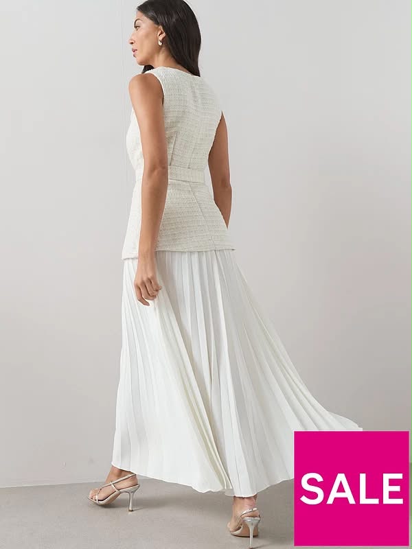 Tweed Overlay Pleated Midaxi Dress White