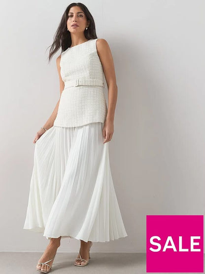 Tweed Overlay Pleated Midaxi Dress White