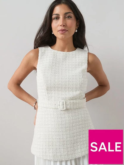 Tweed Overlay Pleated Midaxi Dress White