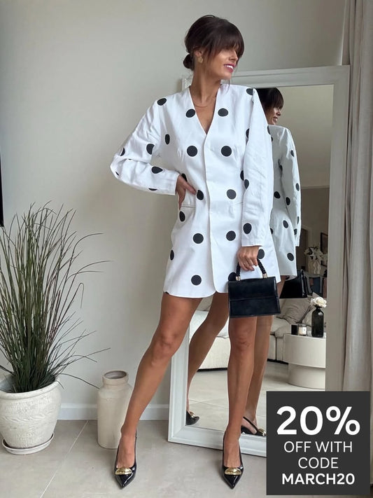 White & Black Spot Print Blazer Mini Dress