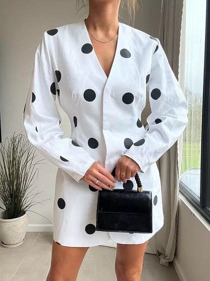 White & Black Spot Print Blazer Mini Dress