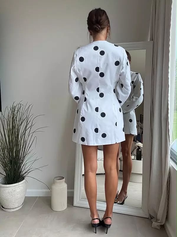 White & Black Spot Print Blazer Mini Dress