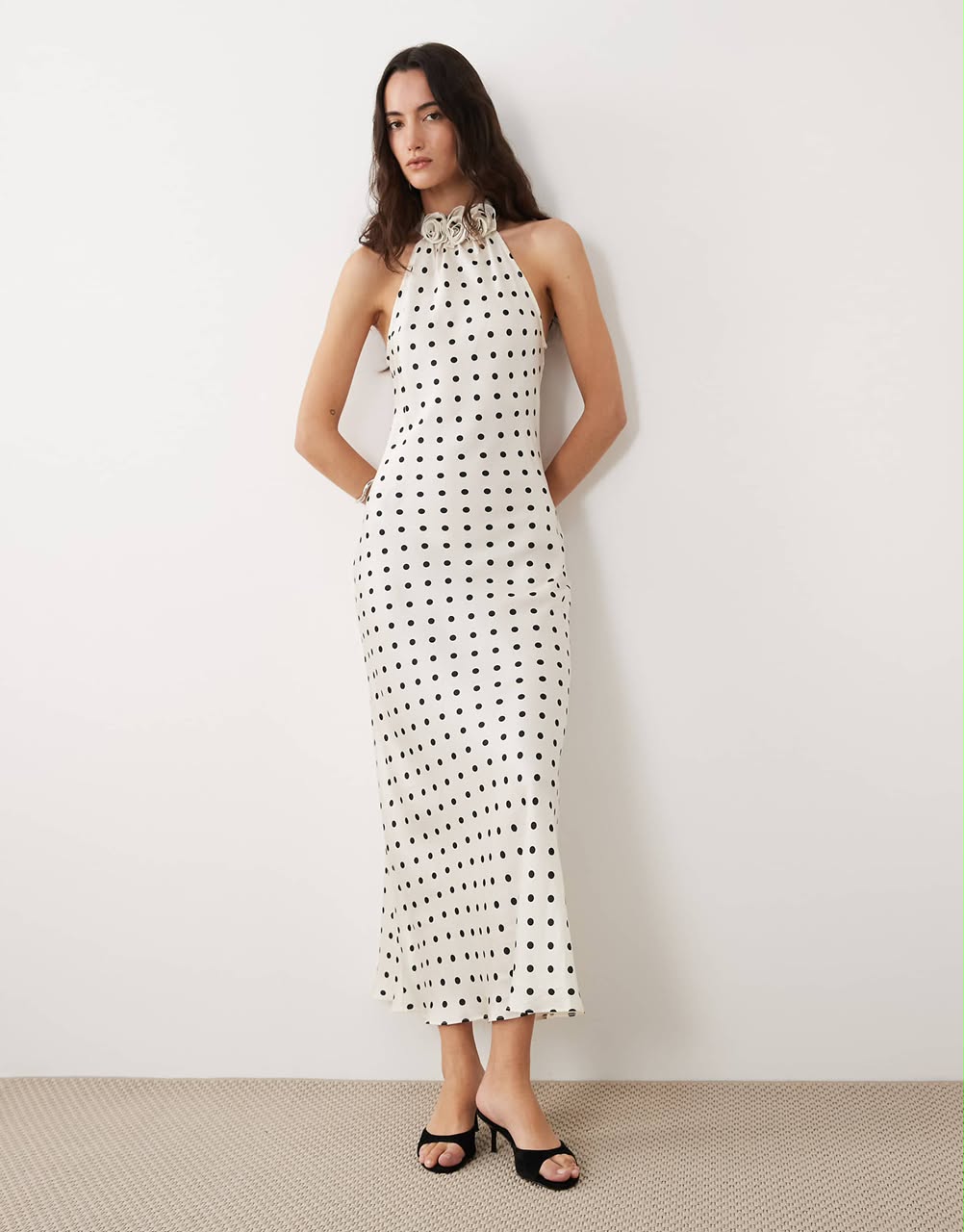 Satin Polkadot Floral Applique Halter Neck Midi Dress Cream