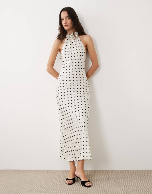 Satin Polkadot Floral Applique Halter Neck Midi Dress Cream
