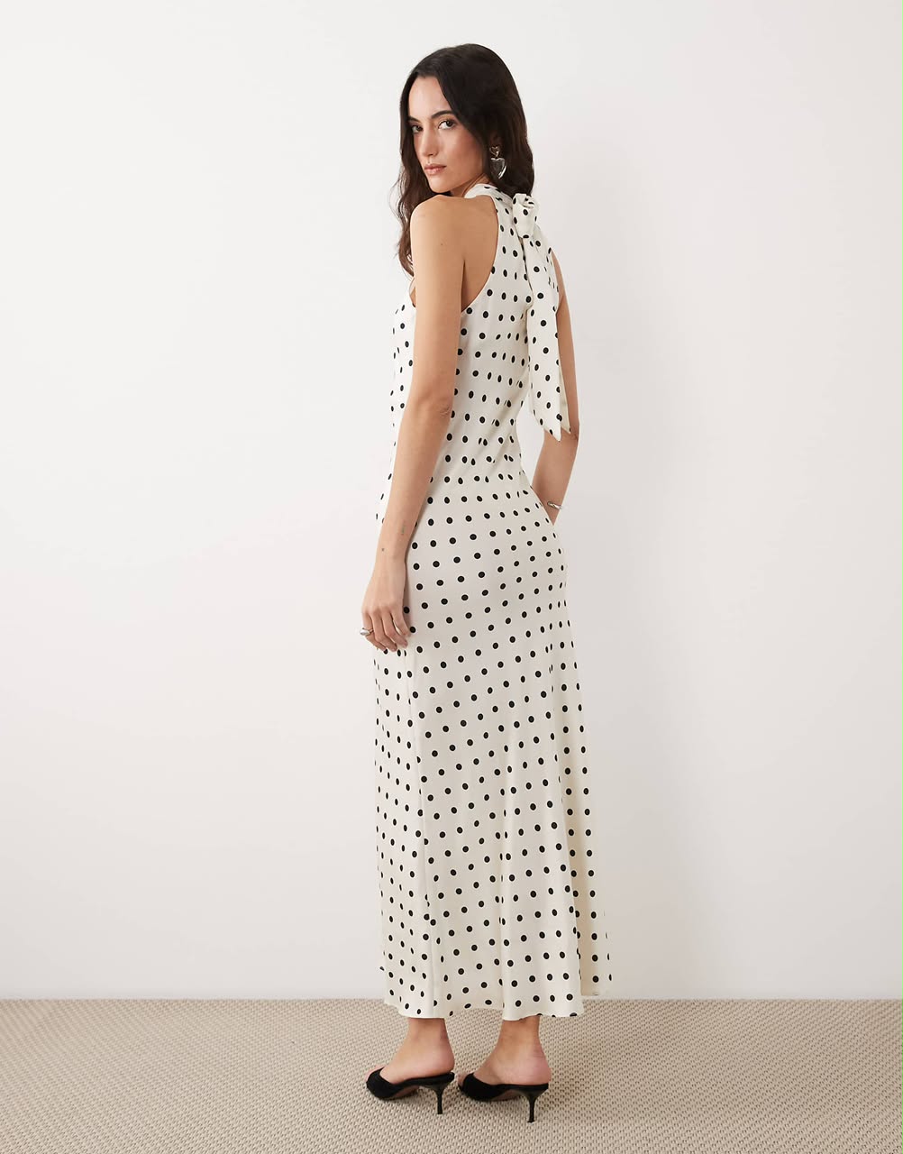 Satin Polkadot Floral Applique Halter Neck Midi Dress Cream