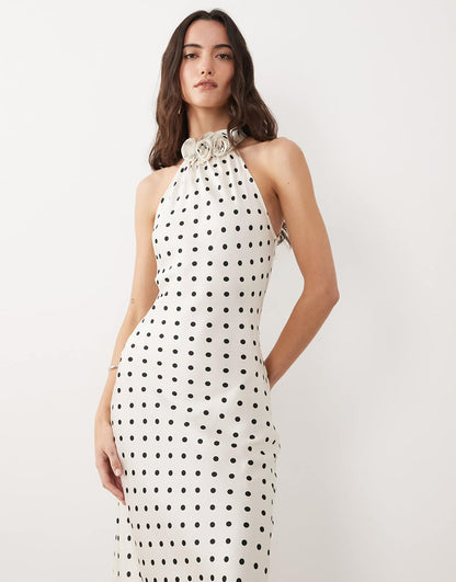 Satin Polkadot Floral Applique Halter Neck Midi Dress Cream