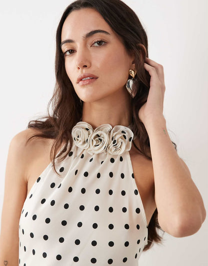Satin Polkadot Floral Applique Halter Neck Midi Dress Cream