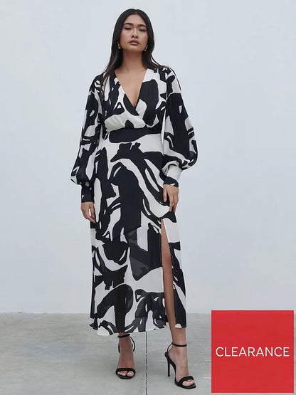 Black & White Lilianna Balloon Sleeve Printed Dress