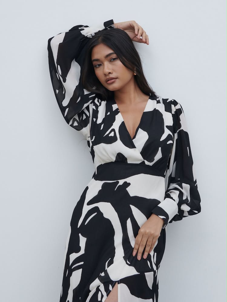 Black & White Lilianna Balloon Sleeve Printed Dress