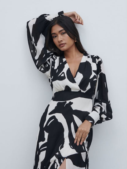 Black & White Lilianna Balloon Sleeve Printed Dress