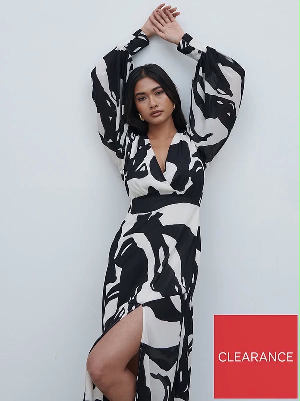 Black & White Lilianna Balloon Sleeve Printed Dress